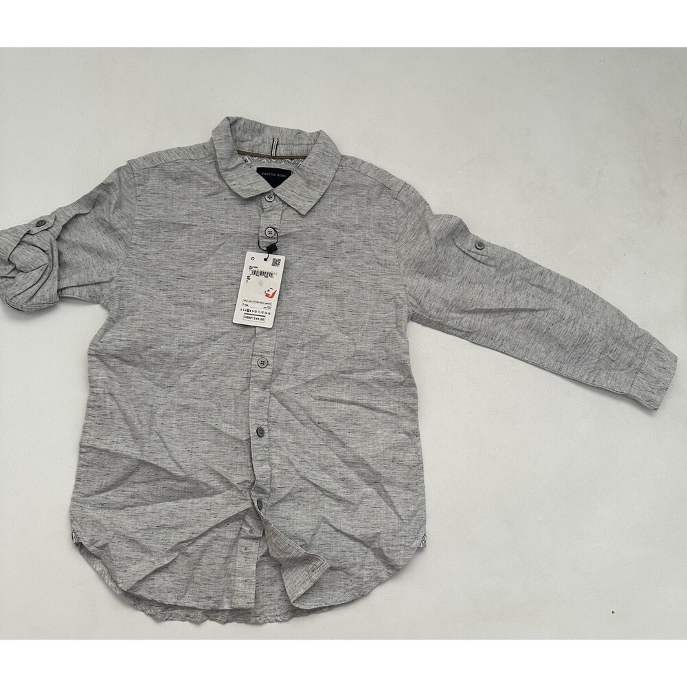 CACTUS BOYS Long Sleeve Button Up Shirt Size 7 Gray Black Specs Roll Tab Sleeve